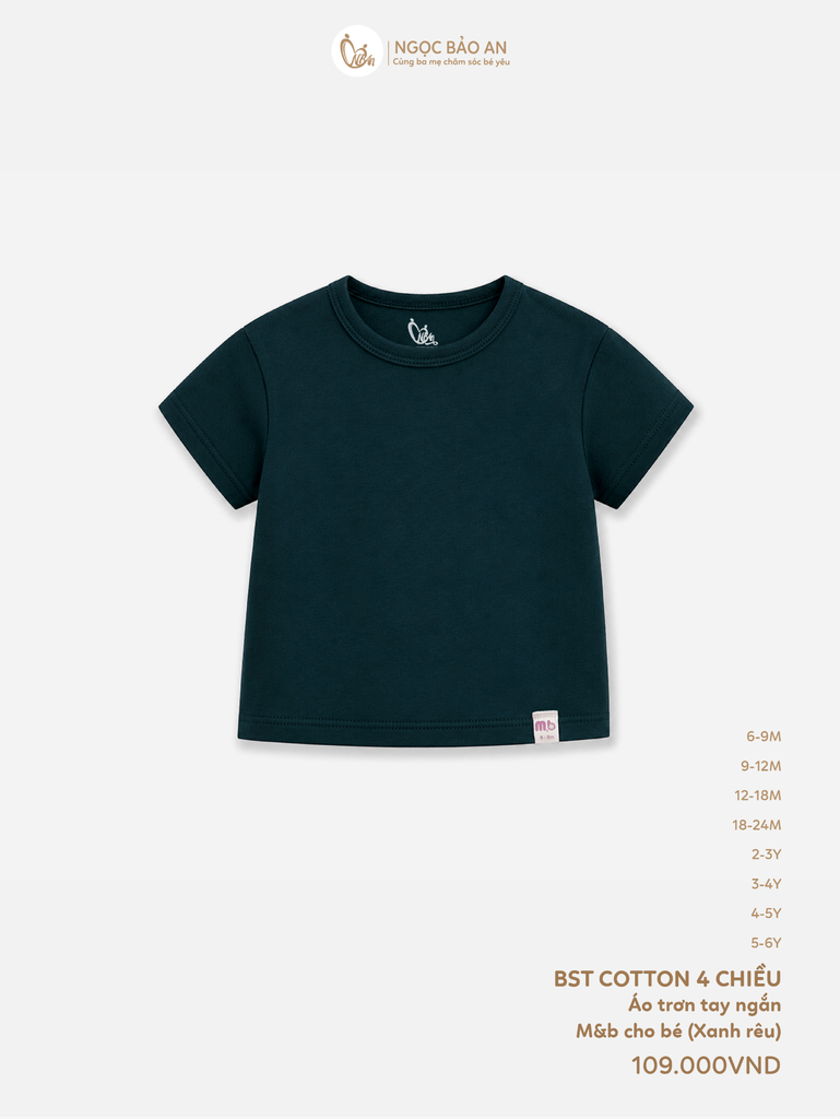 [M&B] Áo thun trơn cotton tay ngắn xanh rêu co giãn 4c từ 6 tháng đến 6 tuổi