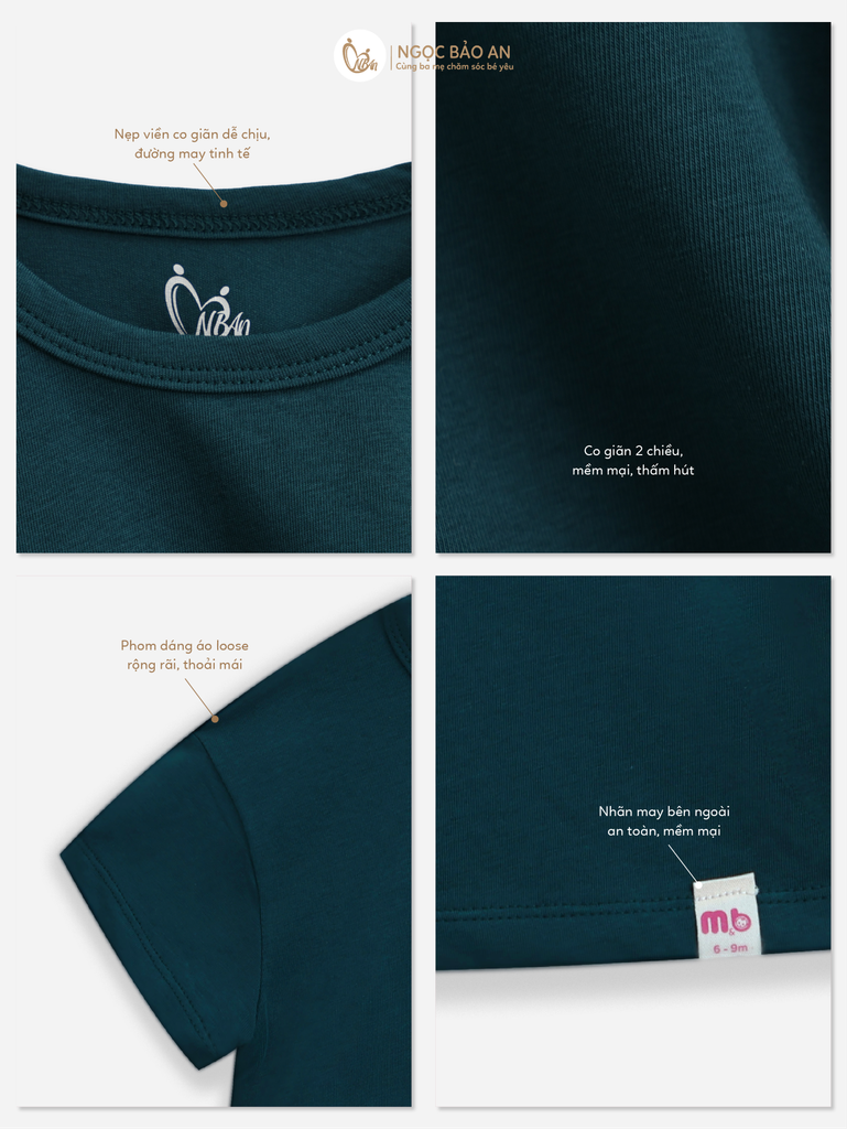 [M&B] Áo thun trơn cotton tay ngắn xanh rêu co giãn 4c từ 6 tháng đến 6 tuổi