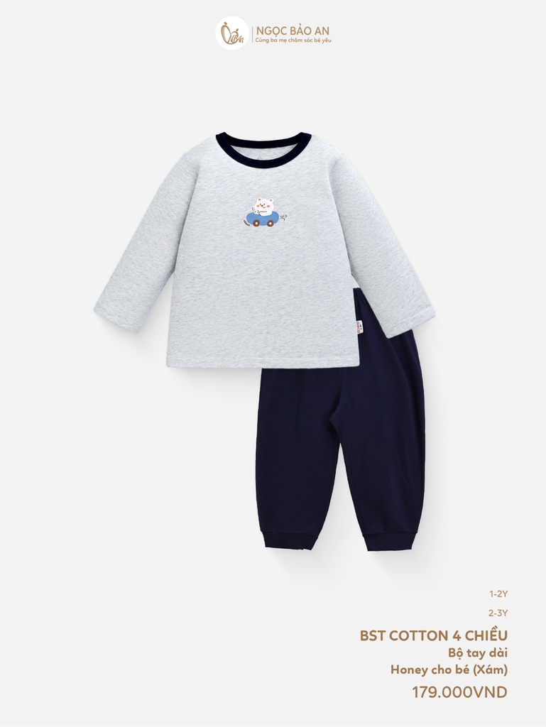 [HONEY] Bộ tay dài cotton xám co giãn 4c (1-3 tuổi)