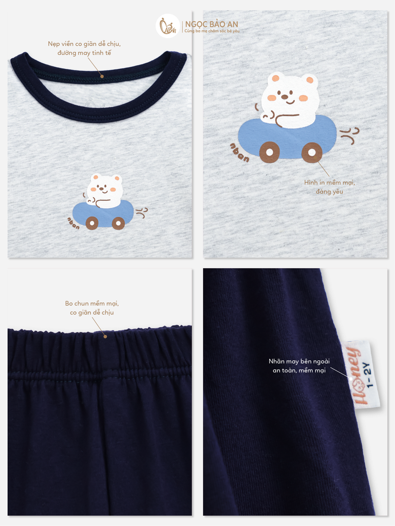 [HONEY] Bộ tay dài cotton xám co giãn 4c (1-3 tuổi)