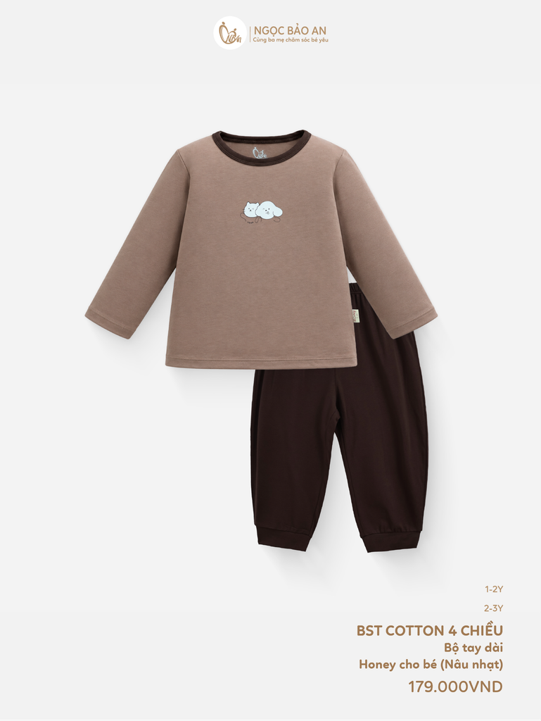 [HONEY] Bộ tay dài cotton nâu nhạt co giãn 4c (1-3 tuổi)