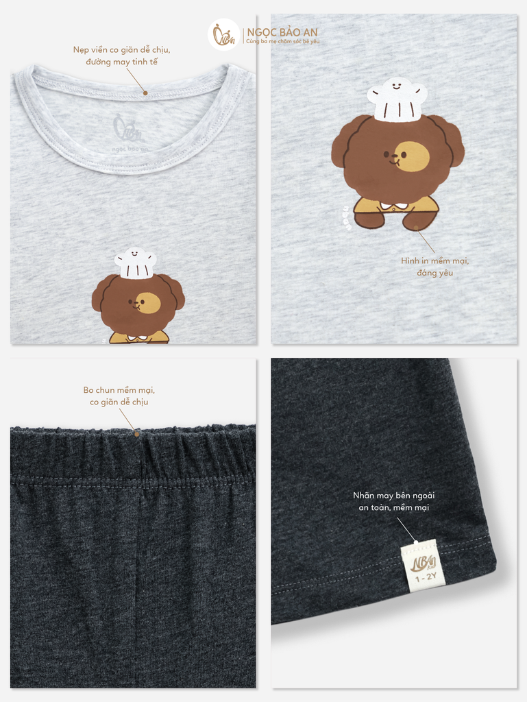 [NGỌC BẢO AN KIDS] Bộ lửng tay ngắn cotton xám co giãn 4c (1-3 tuổi)