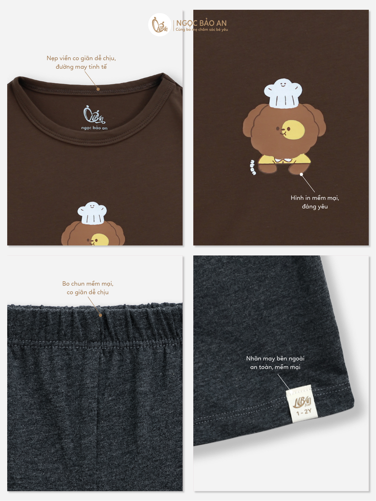 [NGỌC BẢO AN KIDS] Bộ lửng tay ngắn cotton nâu đậm co giãn 4c (1-3 tuổi)