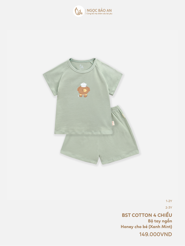 [HONEY] Bộ tay ngắn cotton xanh mint co giãn 4c (1-3 tuổi)