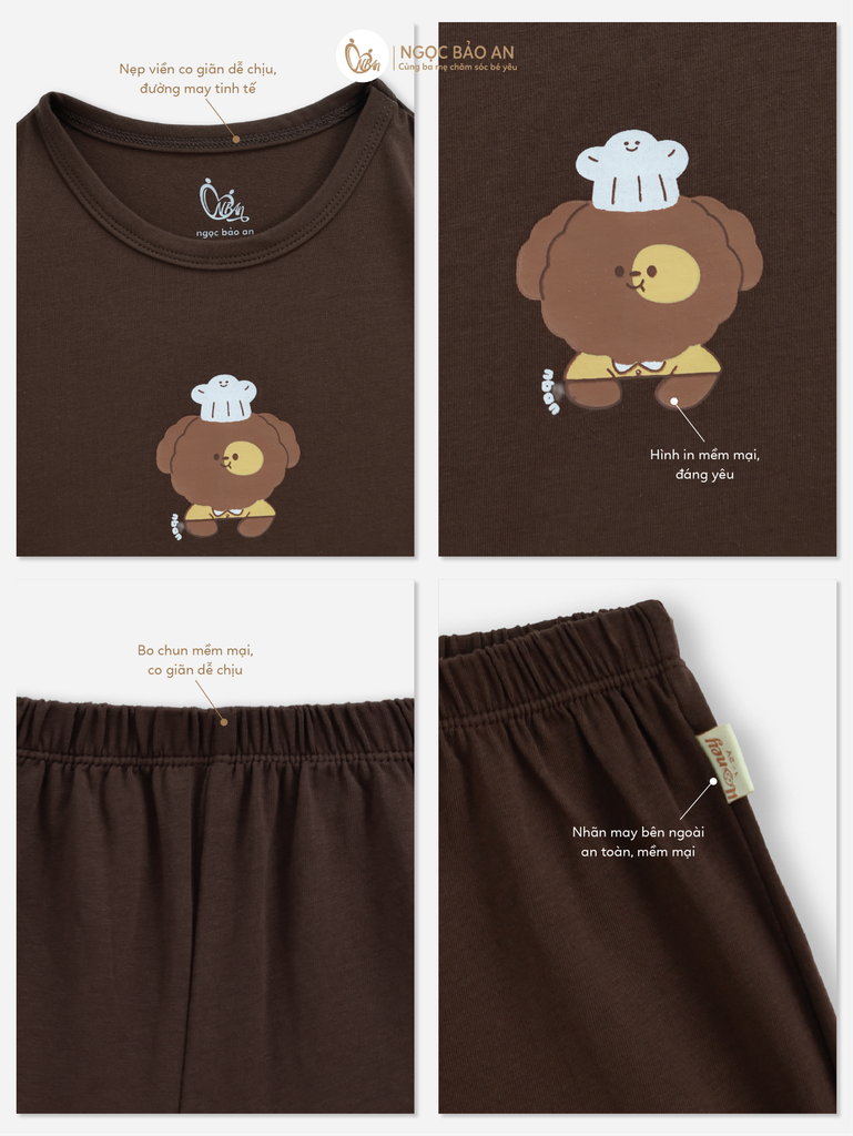 [HONEY] Bộ tay ngắn cotton nâu đậm co giãn 4c (1-3 tuổi)