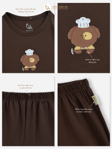 [HONEY] Bộ tay ngắn cotton nâu đậm co giãn 4c (1-3 tuổi)