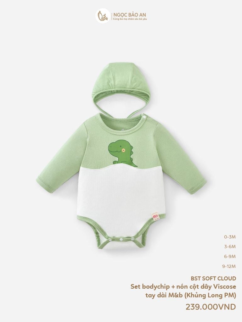 [M&B] Set bodychip tay dài kèm nón cột dây sơ sinh viscose khủng long PM (NB-12m)