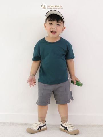 [M&B] Áo thun trơn cotton tay ngắn xanh rêu co giãn 4c từ 6 tháng đến 6 tuổi