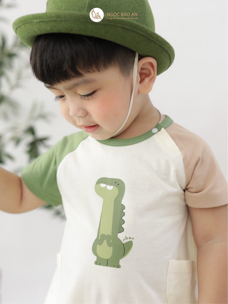 [M&B] BST DINO: Set bodychip + nón cột dây M&B cotton bé trai (Lilo Roco)