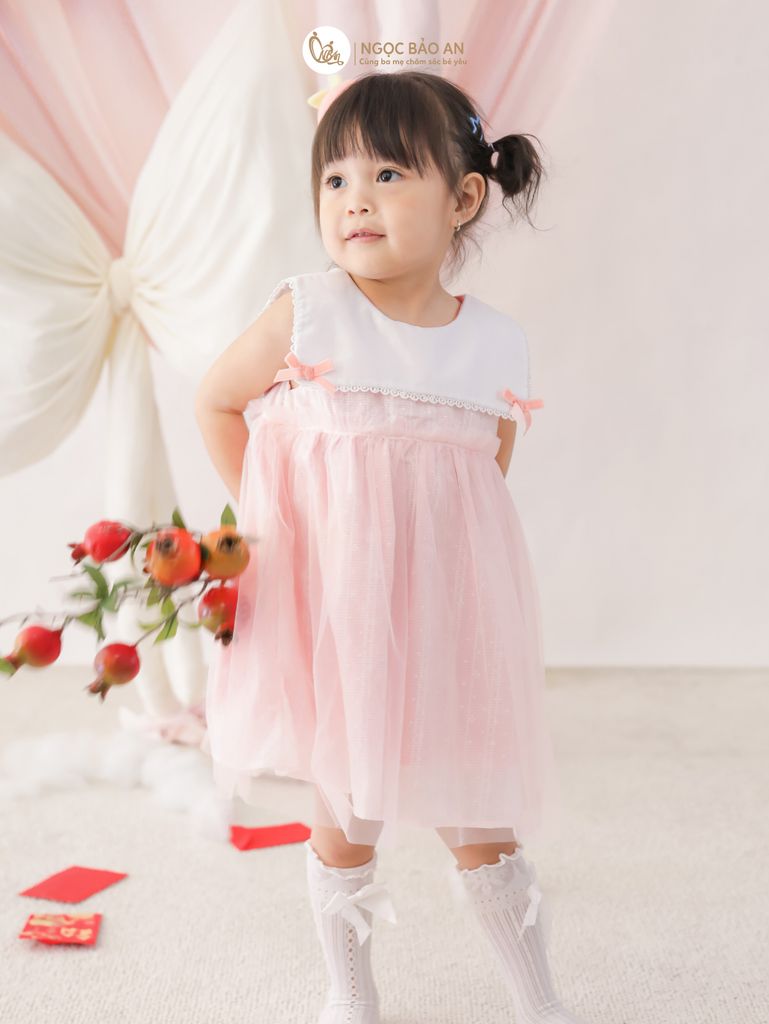 [M&B] BST Pink Girl: Đầm xoè công chúa M&B cotton bé gái (Gấu Hồng)