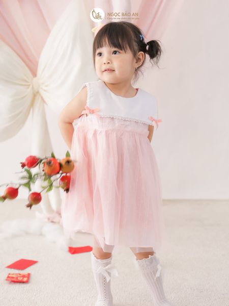 [M&B] BST Pink Girl: Đầm xoè công chúa M&B cotton bé gái (Gấu Hồng)