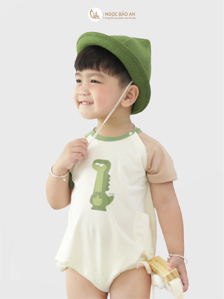 [M&B] BST DINO: Set bodychip + nón cột dây M&B cotton bé trai (Lilo Roco)