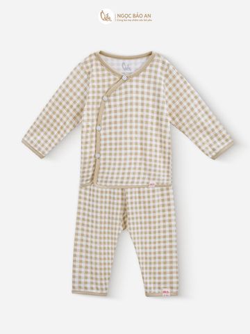 [M&B] Bộ tay dài cài bên cotton caro nâu