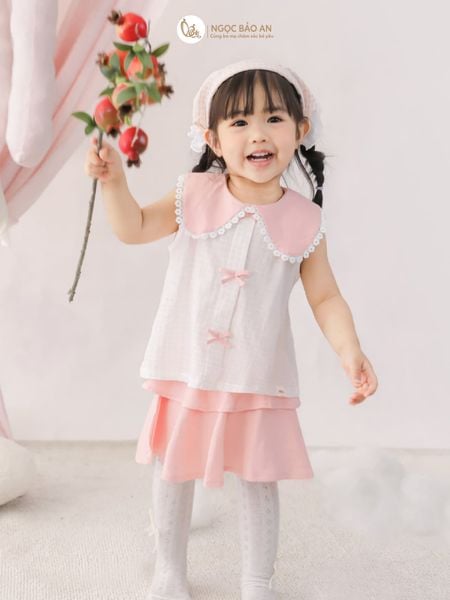 [M&B] BST PINK GIRL: Set Áo+Chân váy caro hồng bé gái
