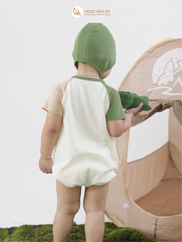 [M&B] BST DINO: Set bodychip + nón cột dây M&B cotton bé trai (Lilo Roco)