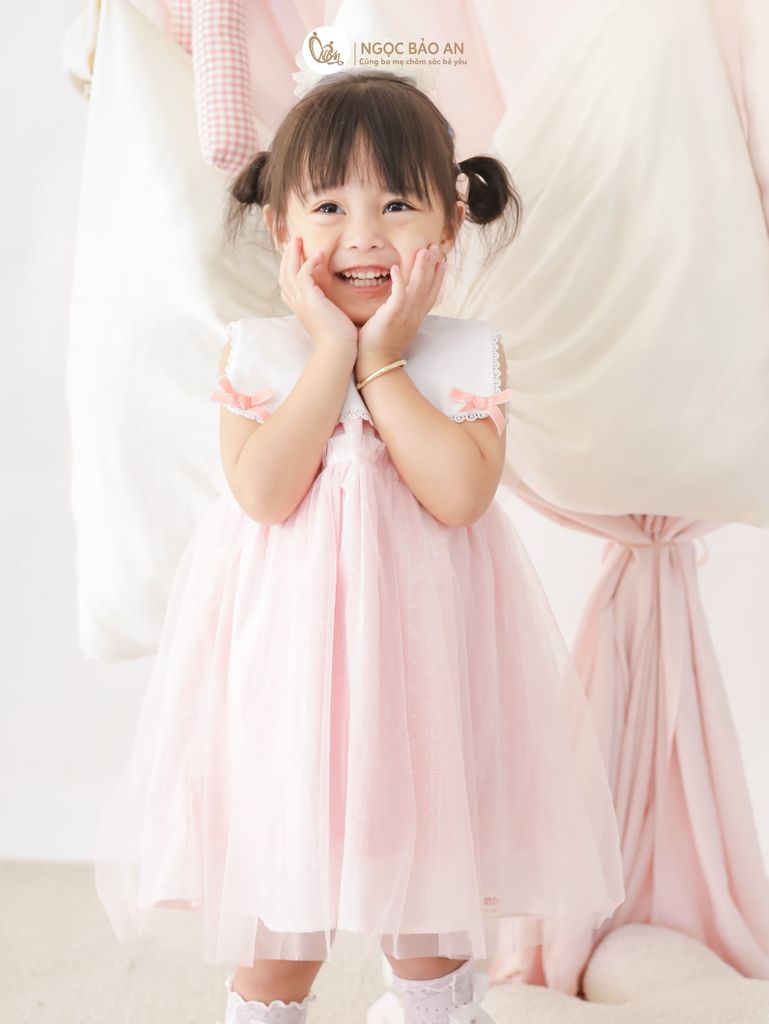 [M&B] BST Pink Girl: Đầm xoè công chúa M&B cotton bé gái (Gấu Hồng)