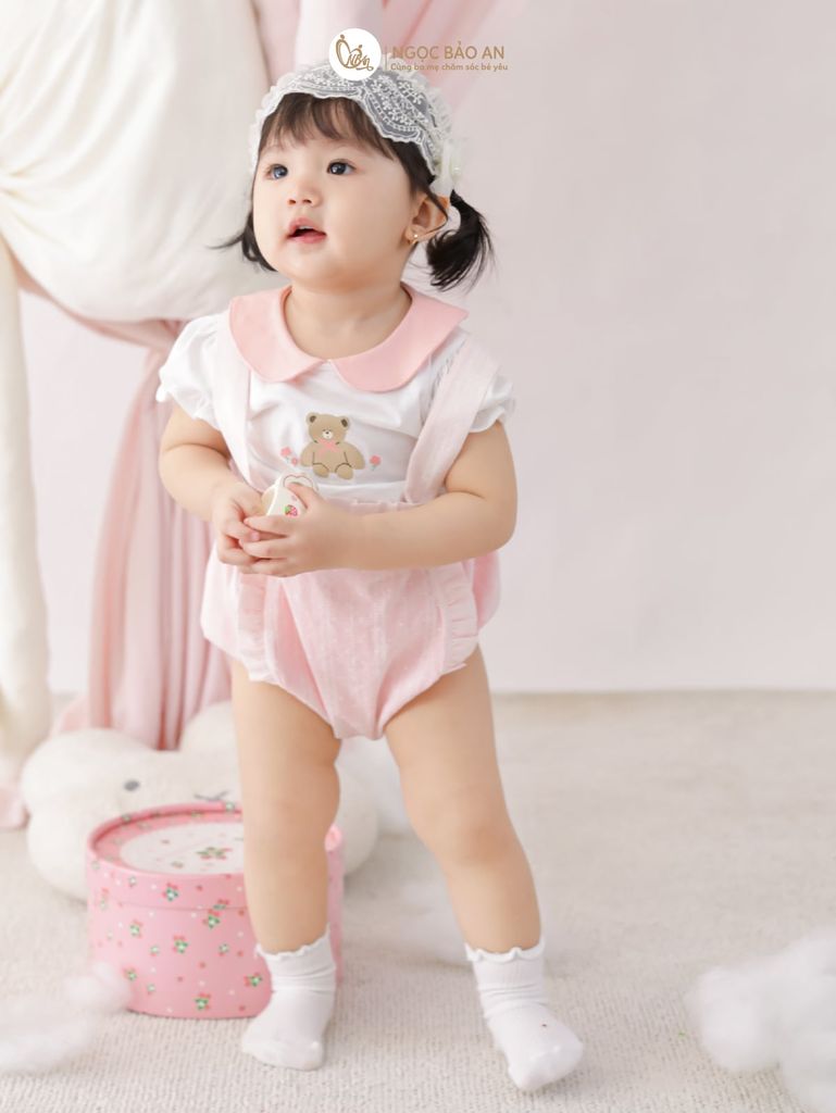 [M&B] BST PINK GIRL: Set áo+yếm bé Gái M&B cotton (Gấu Hồng)