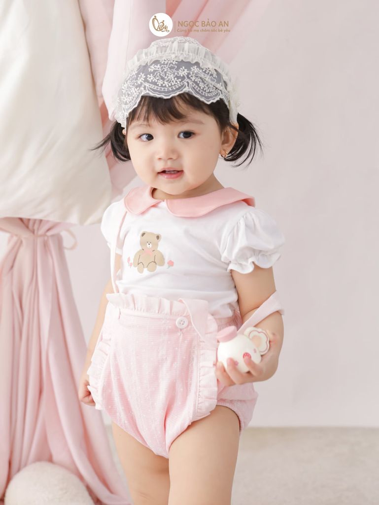 [M&B] BST PINK GIRL: Set áo+yếm bé Gái M&B cotton (Gấu Hồng)