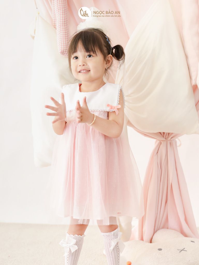[M&B] BST Pink Girl: Đầm xoè công chúa M&B cotton bé gái (Gấu Hồng)