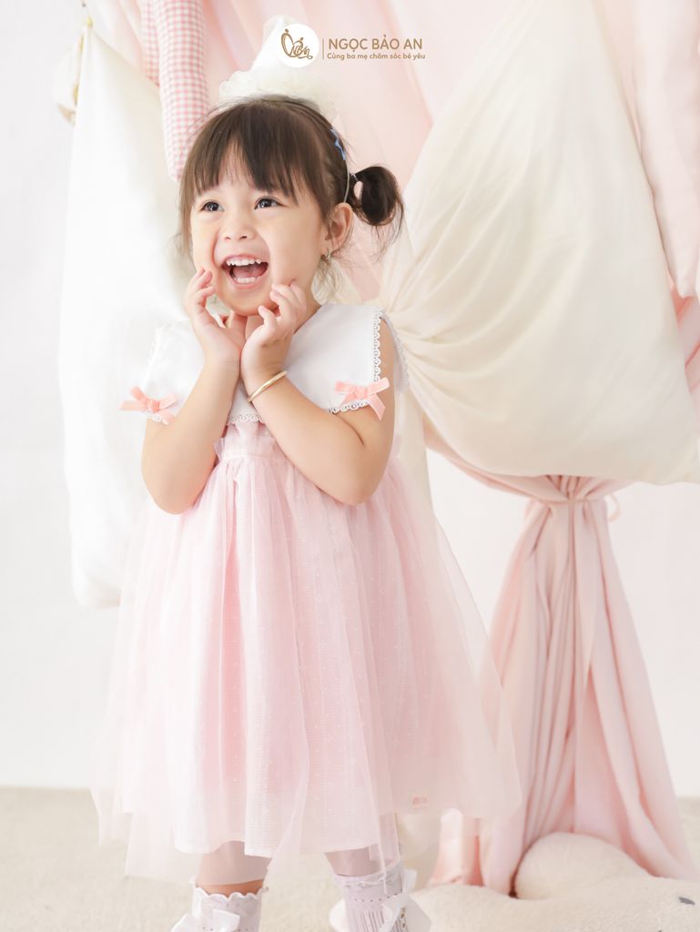 [M&B] BST Pink Girl: Đầm xoè công chúa M&B cotton bé gái (Gấu Hồng)