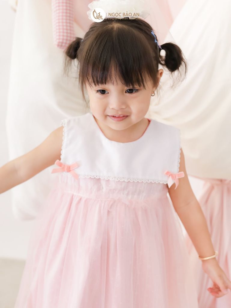 [M&B] BST Pink Girl: Đầm xoè công chúa M&B cotton bé gái (Gấu Hồng)