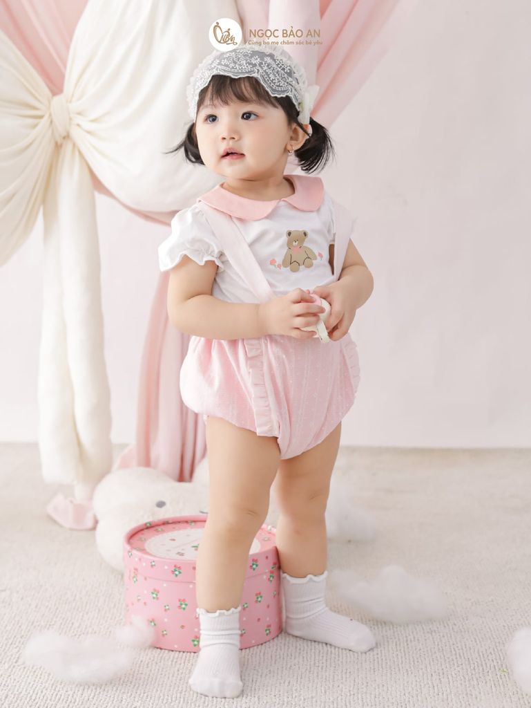 [M&B] BST PINK GIRL: Set áo+yếm bé Gái M&B cotton (Gấu Hồng)