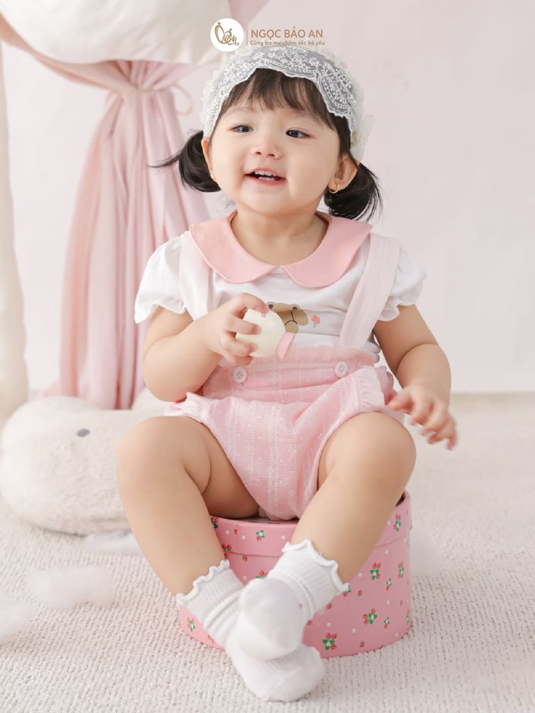[M&B] BST PINK GIRL: Set áo+yếm bé Gái M&B cotton (Gấu Hồng)
