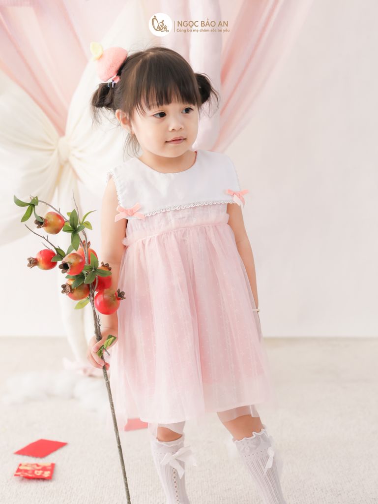 [M&B] BST Pink Girl: Đầm xoè công chúa M&B cotton bé gái (Gấu Hồng)