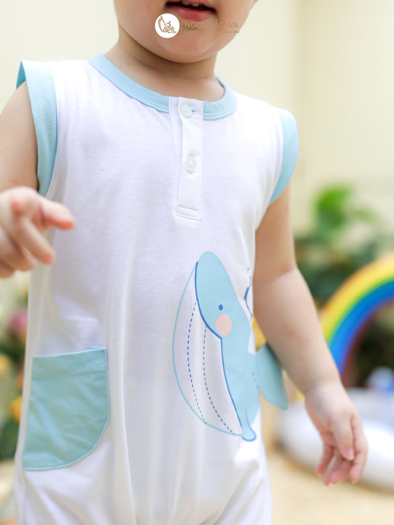 [M&B] Body đùi cotton bé trai tay cộc cá voi xanh