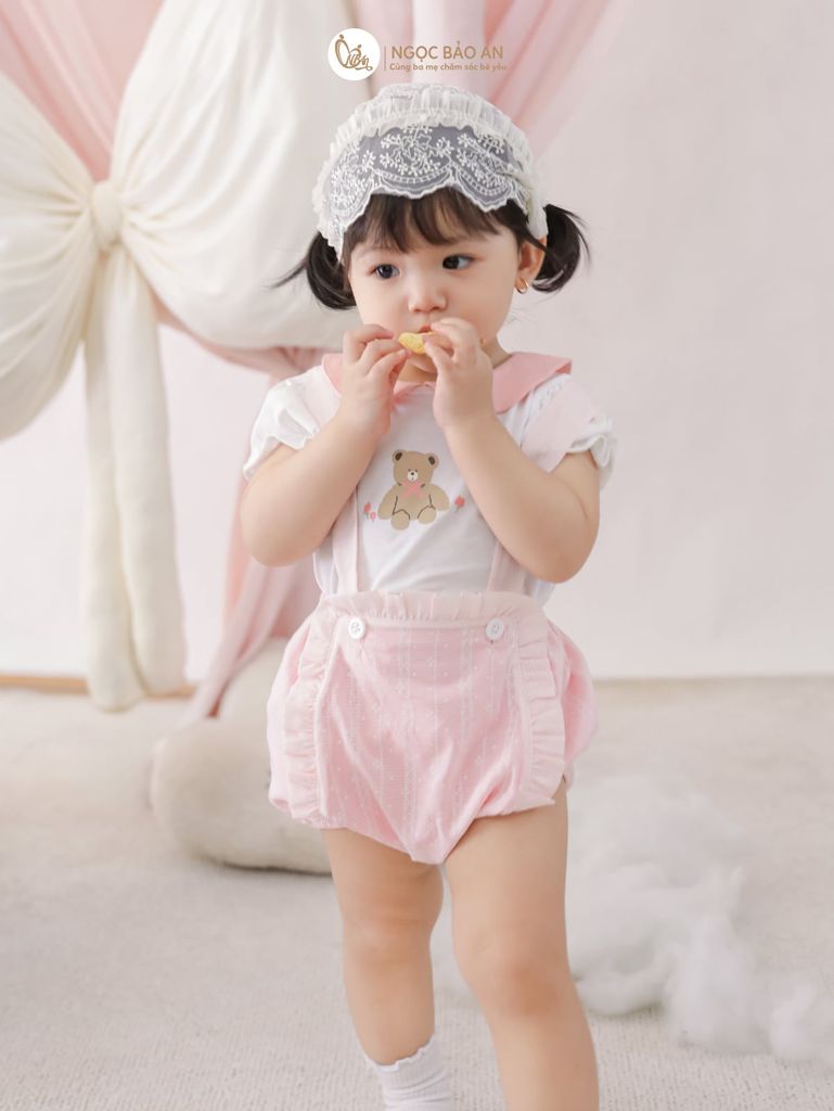 [M&B] BST PINK GIRL: Set áo+yếm bé Gái M&B cotton (Gấu Hồng)