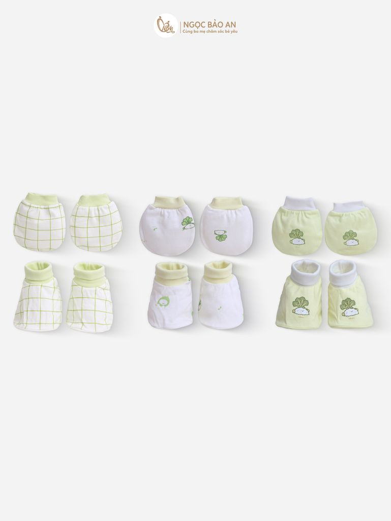 [M&B] Combo Sơ Sinh cotton M&B tone Xanh Bơ in hình họa tiết đầy đủ phụ kiện cho bé (Combo Sơ Sinh cotton 2025)