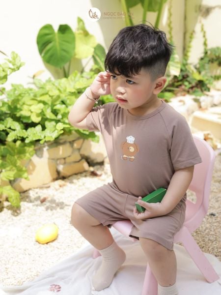 [HONEY] Bộ tay ngắn cotton nâu nhạt co giãn 4 chiều Honey cho bé (1-3 tuổi)
