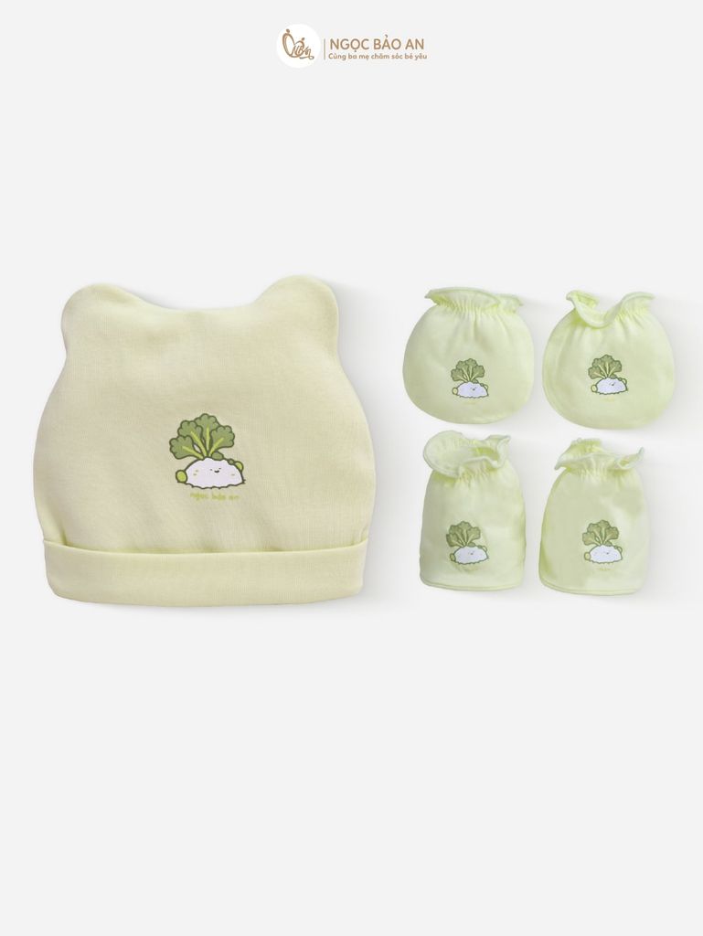 [M&B] Combo Sơ Sinh cotton M&B tone Xanh Bơ in hình họa tiết đầy đủ phụ kiện cho bé (Combo Sơ Sinh cotton 2025)