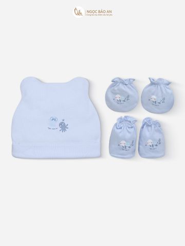 [M&B] Set nón bao tay chân thun cotton sơ sinh rùa xanh
