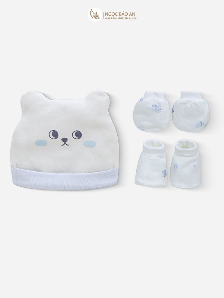 [M&B] Set nón bao tay chân bo sơ sinh cotton M&B in hình họa tiết (Combo sơ sinh cotton 2025)