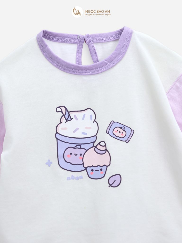 [M&B] BST CANDY: Bộ áo quần tay dài cotton M&b cho bé (Kem Tím)