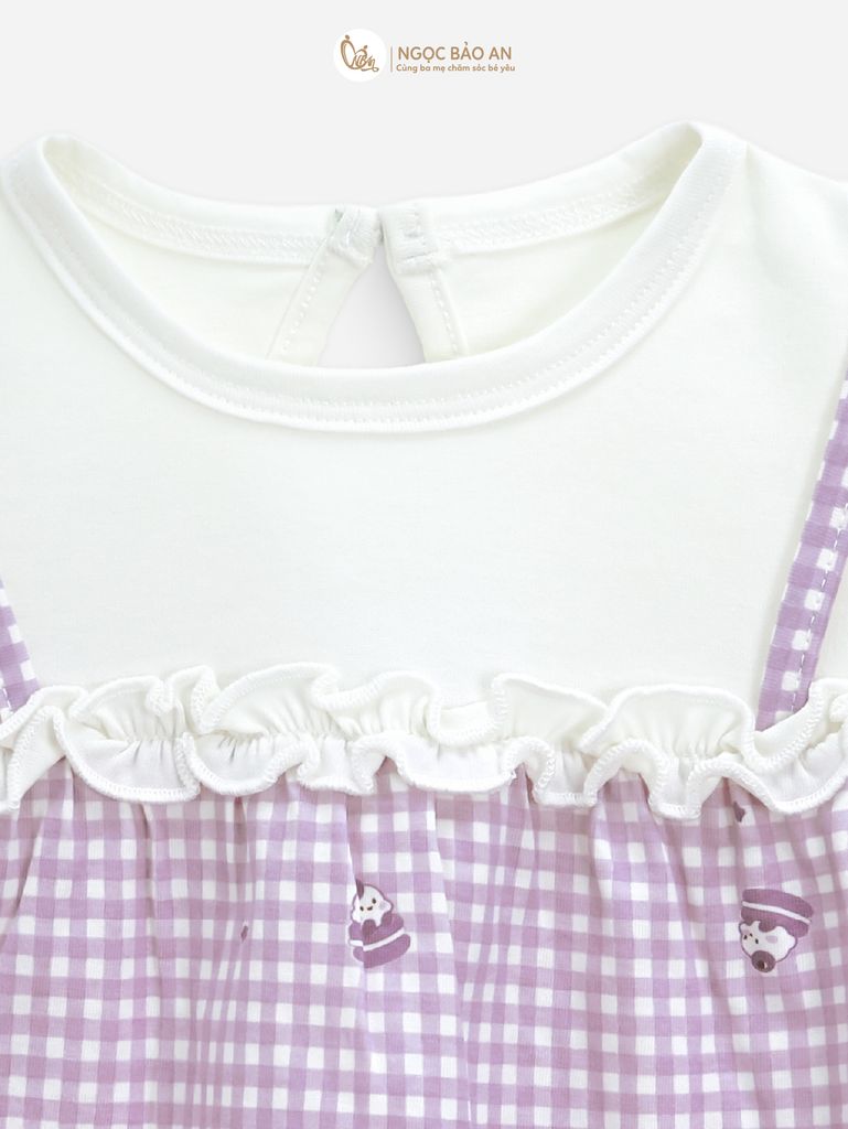 [M&B] BST CANDY: Bộ áo tay ngắn quần bí cotton M&b cho bé (Caro Nơ Tím)