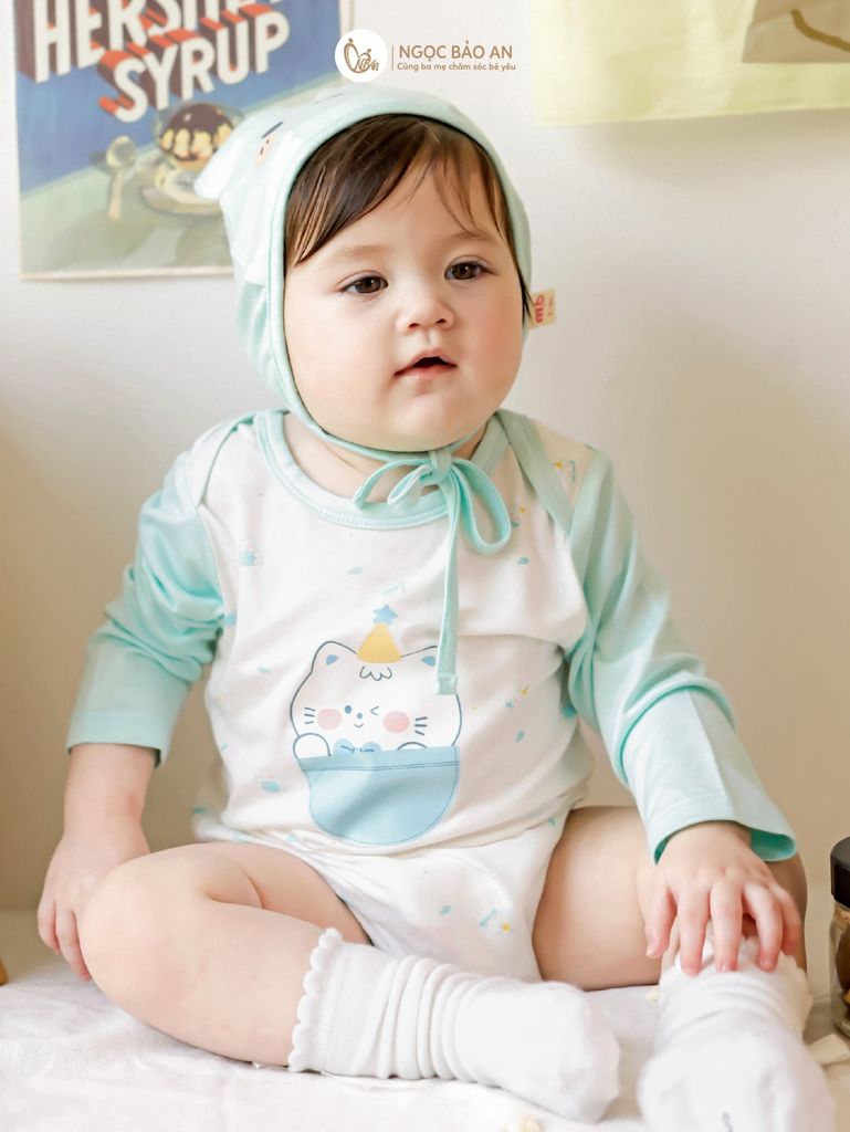 [M&B] Set bodychip tay dài kèm nón cột dây cat mint PM (NB-12m)