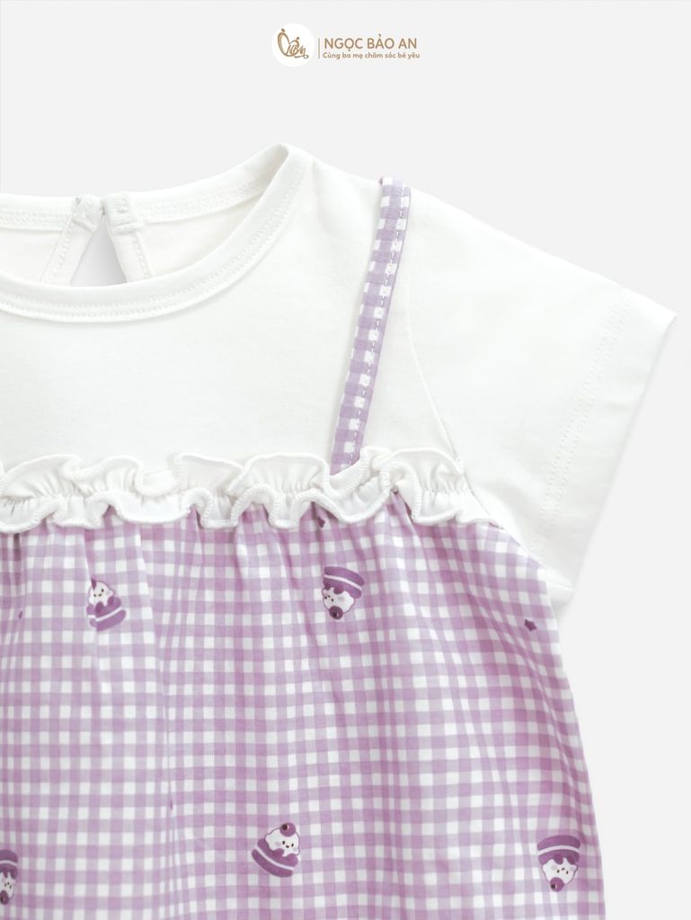 [M&B] BST CANDY: Bộ áo tay ngắn quần bí cotton M&b cho bé (Caro Nơ Tím)