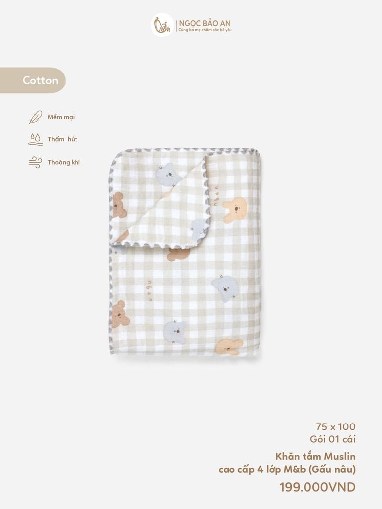 [M&B] Khăn tắm Muslin cao cấp 4 lớp 75x100cm