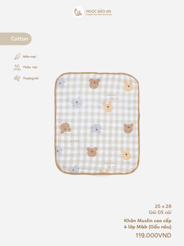 [M&B] Khăn sữa muslin 4 lớp mềm mại 25x28cm