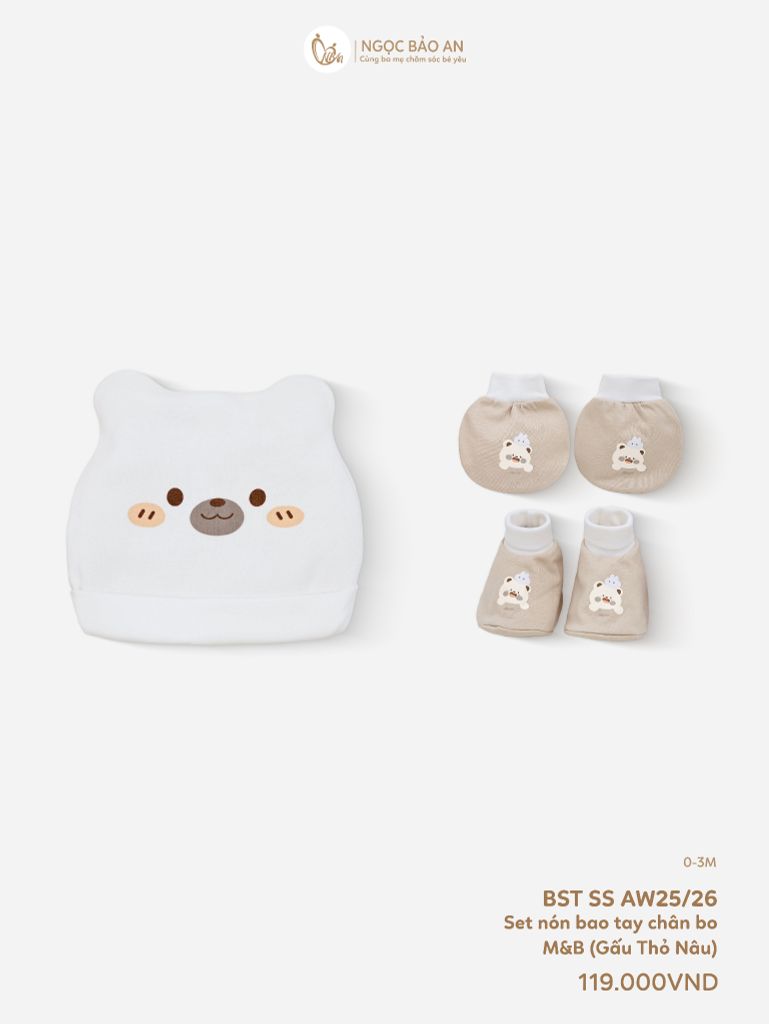 [M&B] Set nón bao tay chân bo cotton sơ sinh gấu thỏ nâu