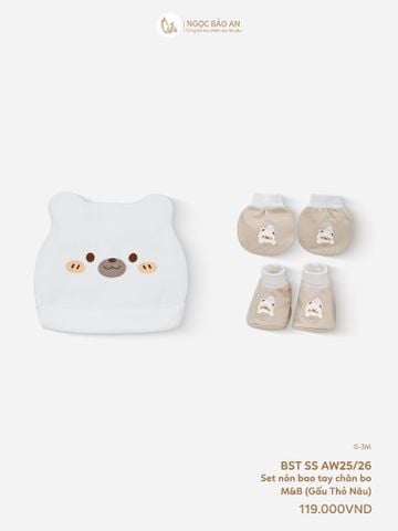 [M&B] Set nón bao tay chân bo cotton sơ sinh gấu thỏ nâu