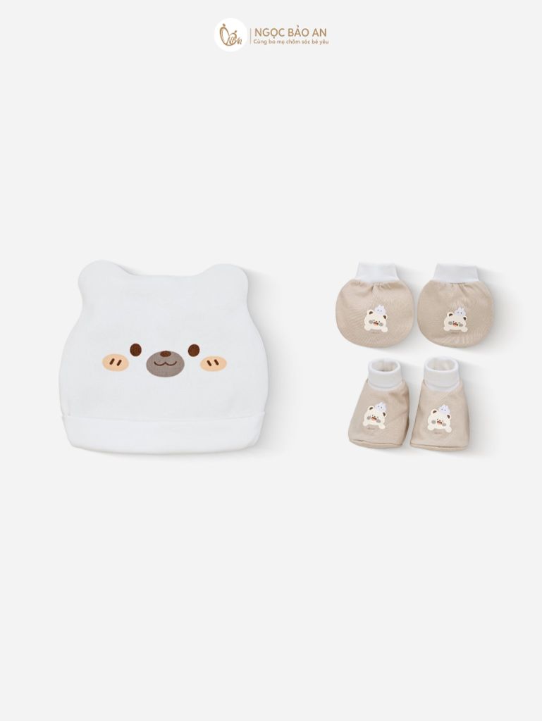 [M&B] Set nón bao tay chân bo cotton sơ sinh gấu thỏ nâu