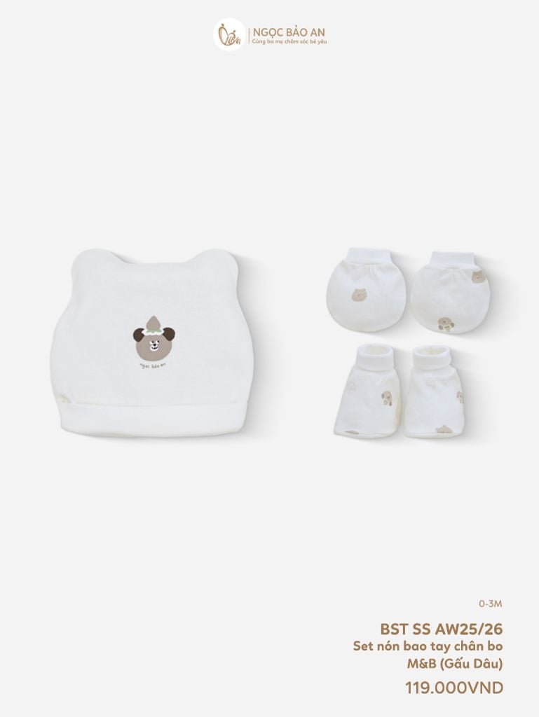 [M&B] Set nón bao tay chân bo cotton sơ sinh gấu dâu