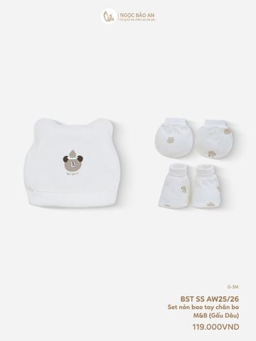 [M&B] Set nón bao tay chân bo cotton sơ sinh gấu dâu