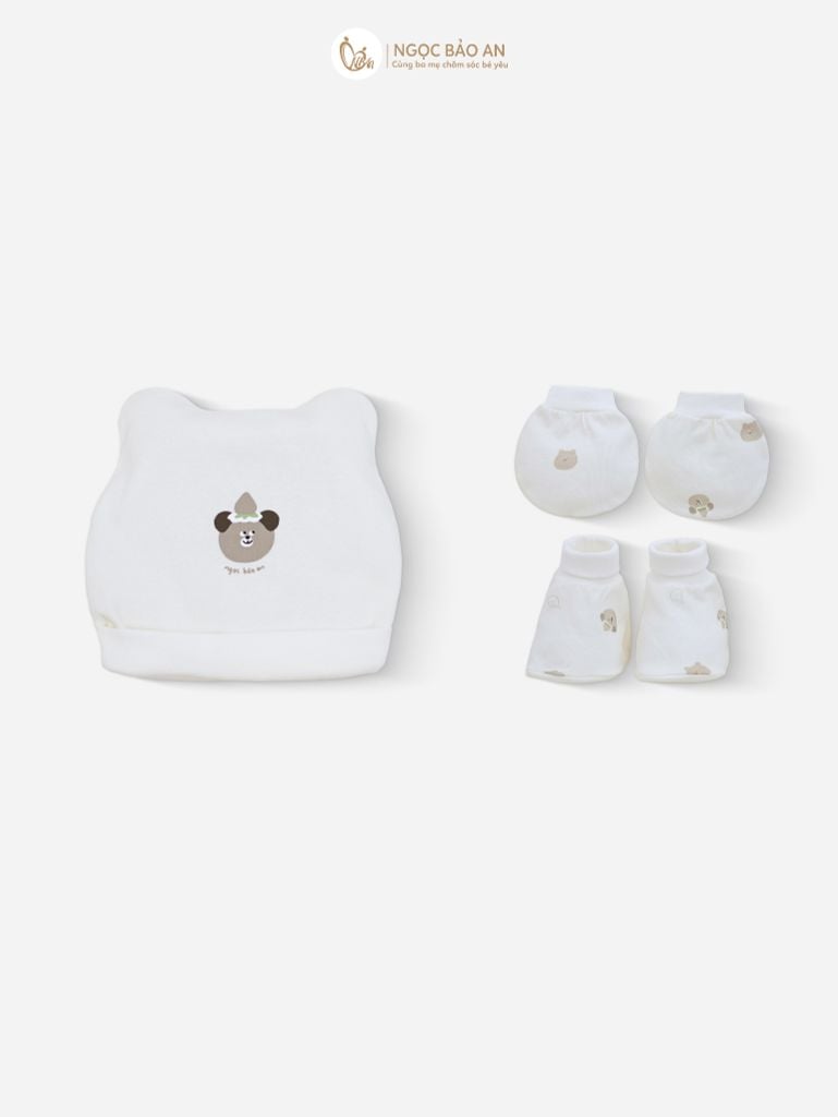 [M&B] Set nón bao tay chân bo cotton sơ sinh gấu dâu