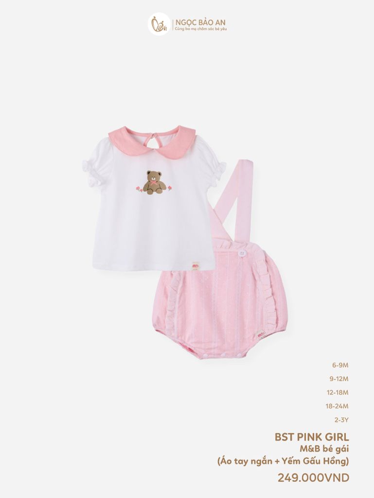 [M&B] BST PINK GIRL: Set áo+yếm bé Gái cotton gấu hồng