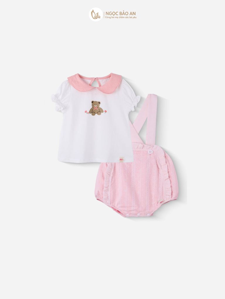 [M&B] BST PINK GIRL: Set áo+yếm bé Gái cotton gấu hồng