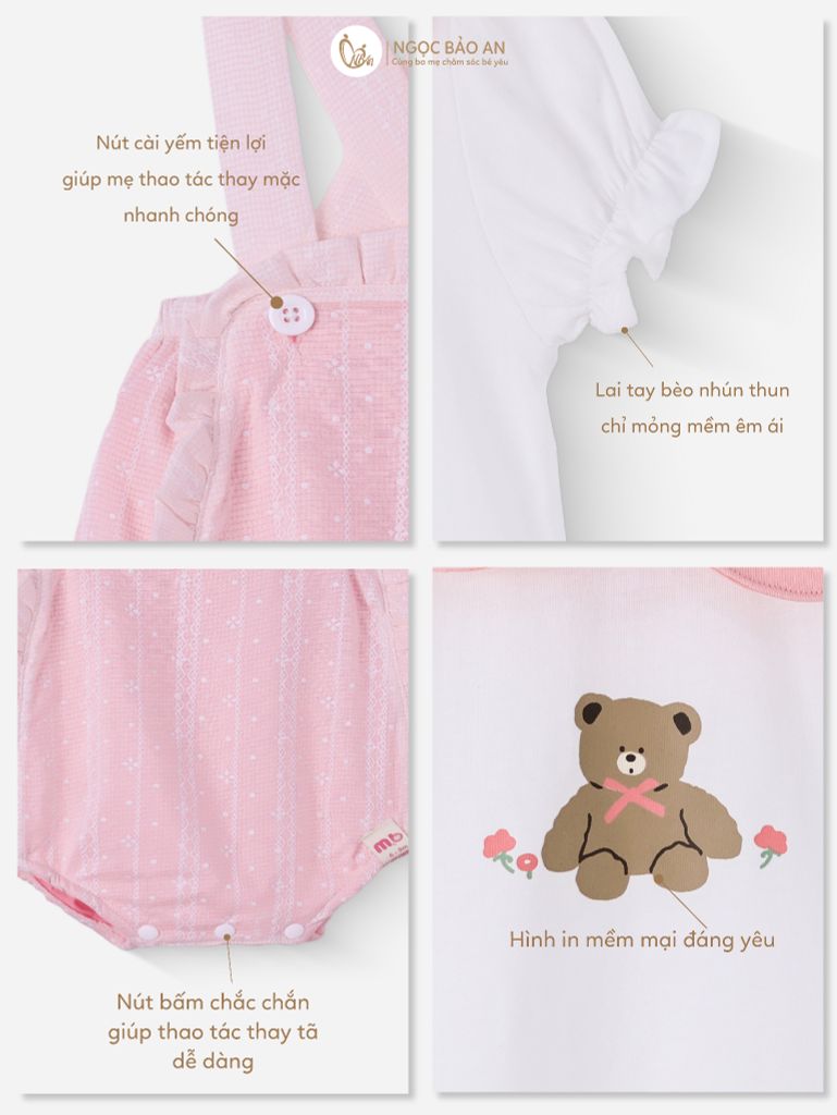 [M&B] BST PINK GIRL: Set áo+yếm bé Gái cotton gấu hồng